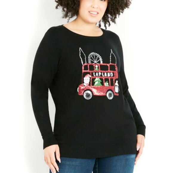 NWT City Chic EVANS 22/24 Black Lapland Sequin Christmas Sweater - Picture 3 of 10